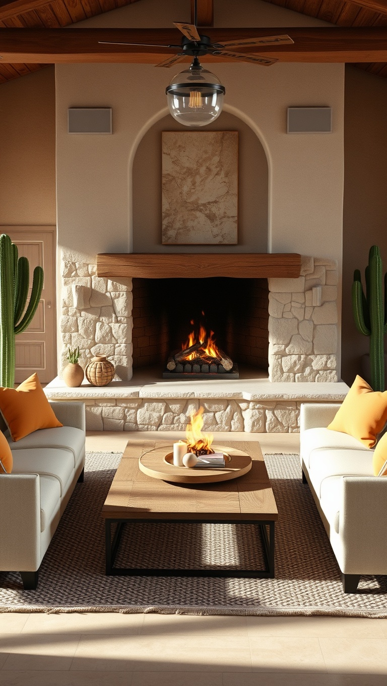 25 Stunning Ideas for a Desert-Inspired Living Room - 22. Opt for a Cozy Fireplace with Stone Surrounds