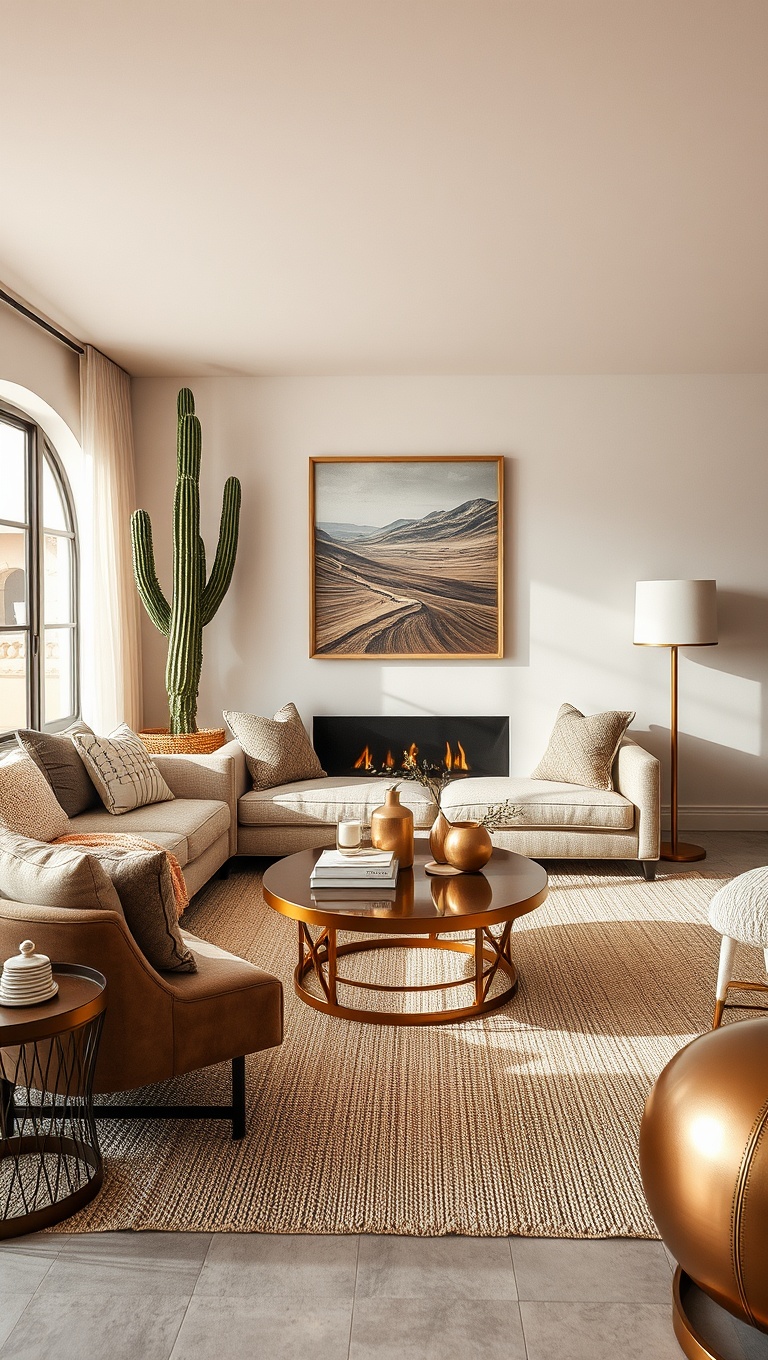 25 Stunning Ideas for a Desert-Inspired Living Room - 23. Add a Touch of Glam with Metallic Accents