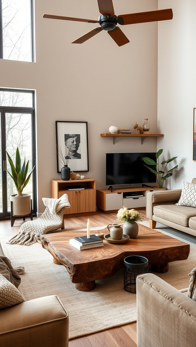 25 Cozy Ideas for Earth Tone Living Rooms That Inspire Warmth and Serenity - 17. Install a Natural Wood Coffee Table