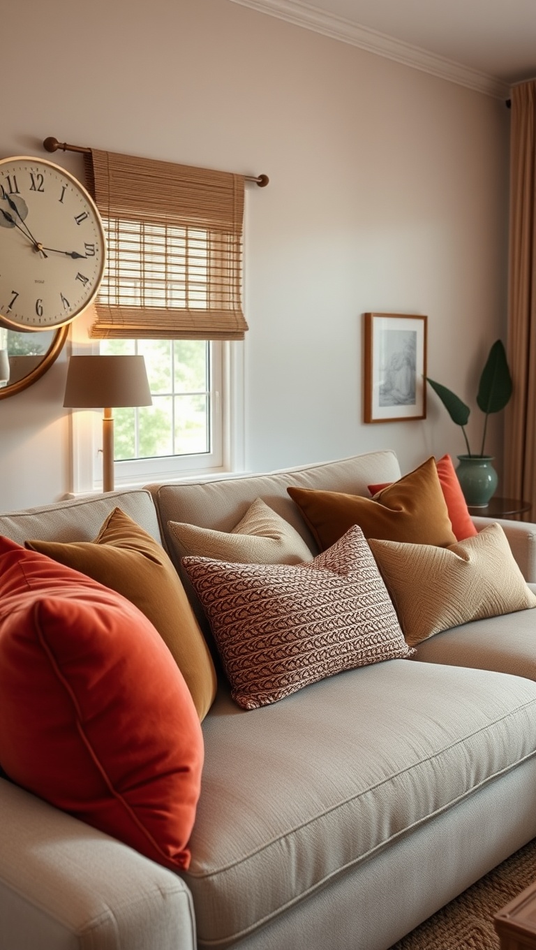 25 Cozy Ideas for Earth Tone Living Rooms That Inspire Warmth and Serenity - 14. Choose Earthy Colorful Pillows for Comfort