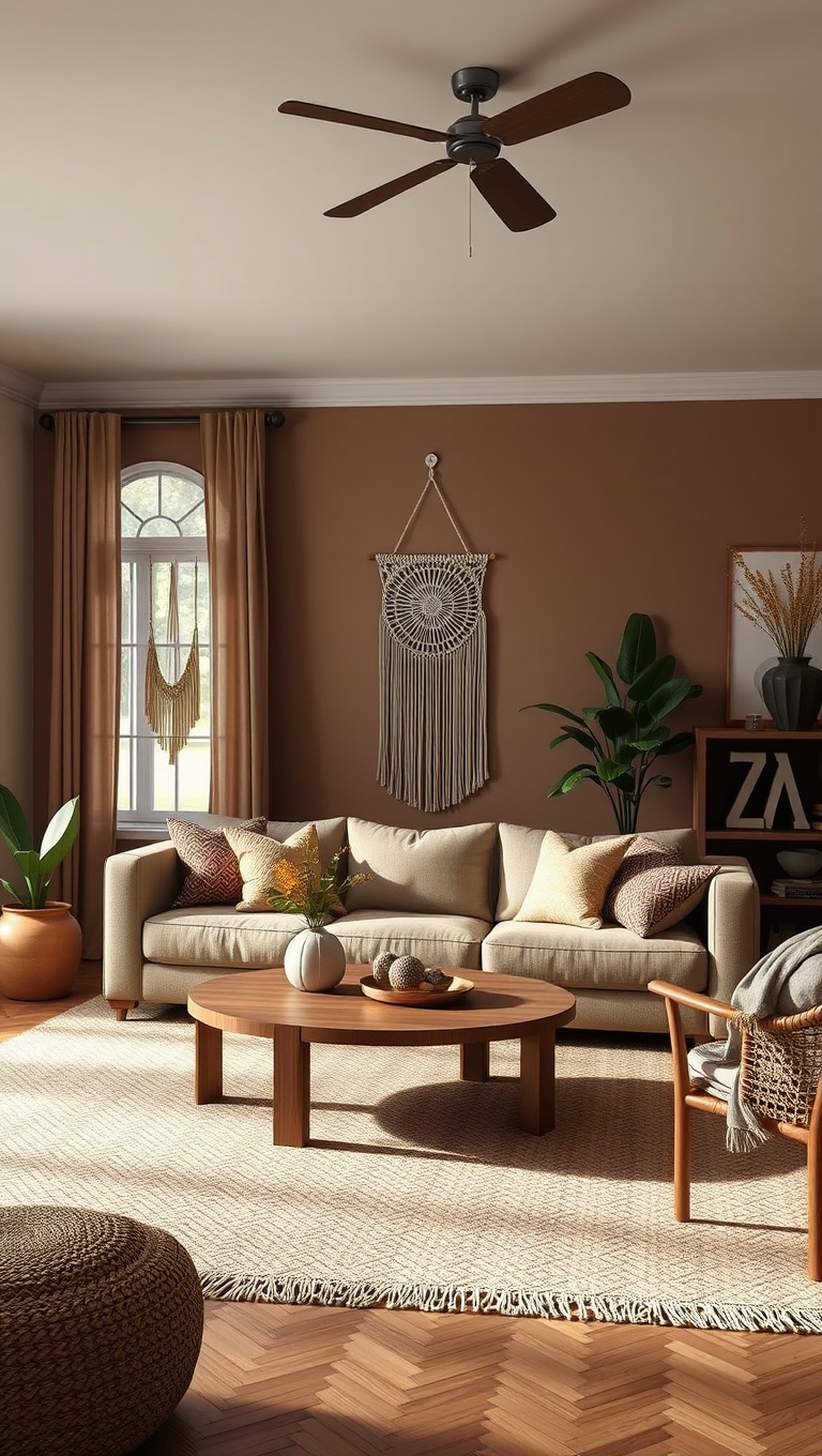 25 Cozy Ideas for Earth Tone Living Rooms That Inspire Warmth and Serenity - 22. Add a Touch of Bohemian with Macrame Decor