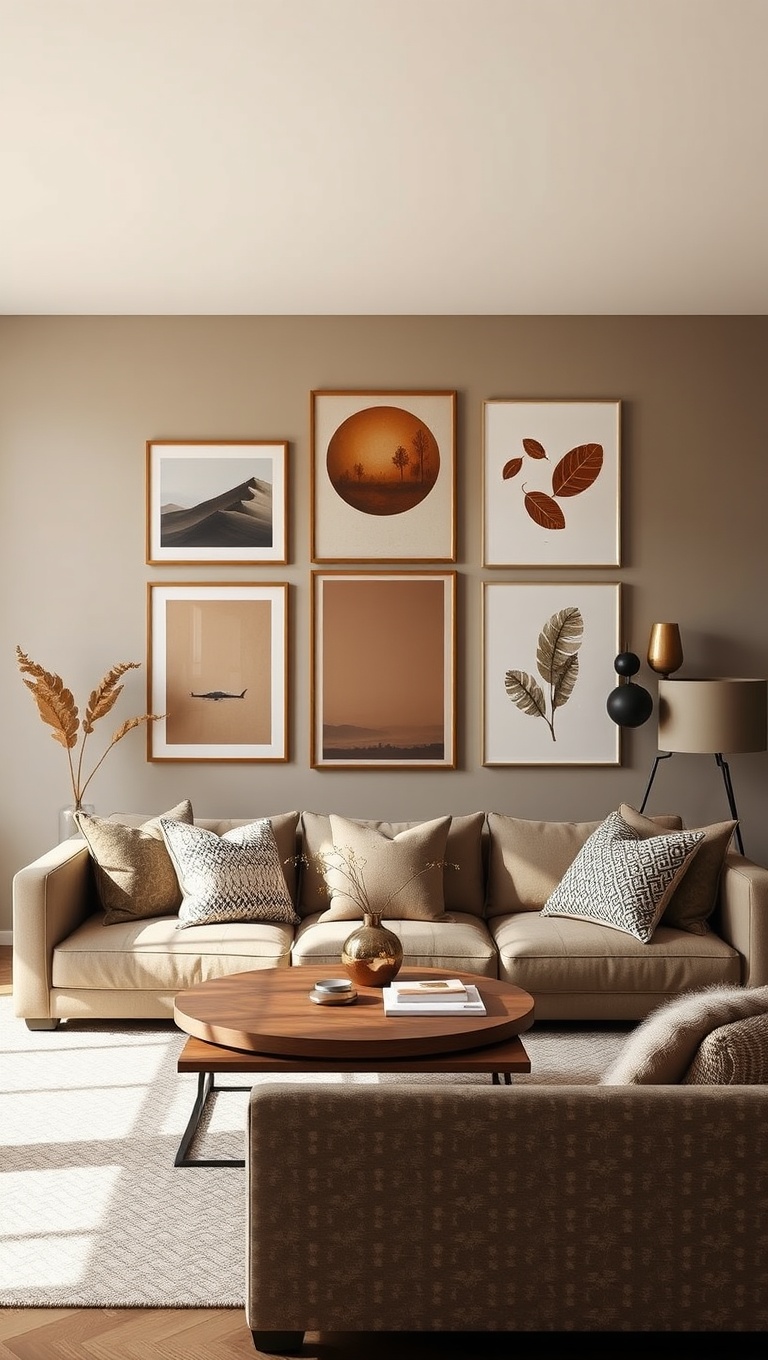 25 Cozy Ideas for Earth Tone Living Rooms That Inspire Warmth and Serenity - 25. Highlight a Gallery Wall with Earthy Art