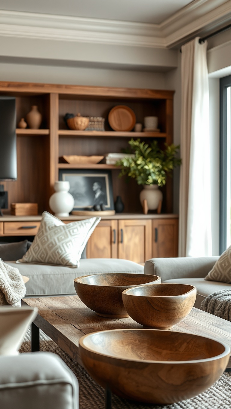 25 Cozy Ideas for Earth Tone Living Rooms That Inspire Warmth and Serenity - 13. Style with Rustic Accessories like Wooden Bowls