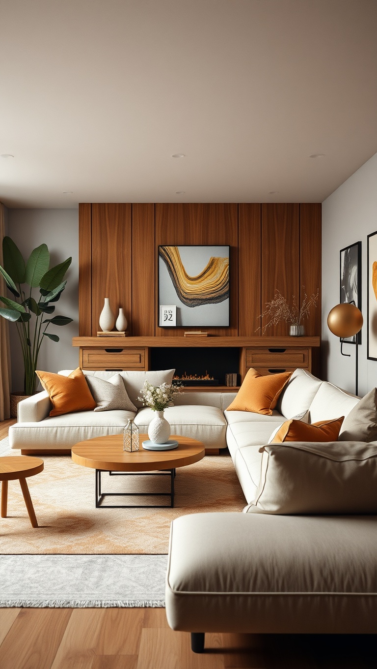 25 Cozy Ideas for Earth Tone Living Rooms That Inspire Warmth and Serenity - 5. Add Warm Wood Accents with Furniture Pieces
