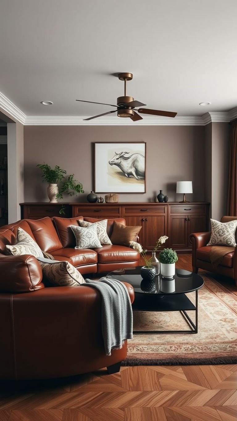 25 Cozy Ideas for Earth Tone Living Rooms That Inspire Warmth and Serenity - 3. Choose Rich Brown Leather Furniture for Elegance