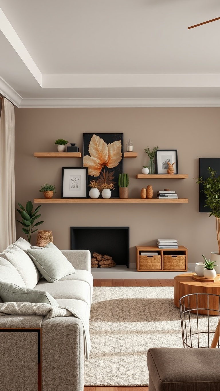 25 Cozy Ideas for Earth Tone Living Rooms That Inspire Warmth and Serenity - 24. Use Simple Shelves to Display Nature-Inspired Decor
