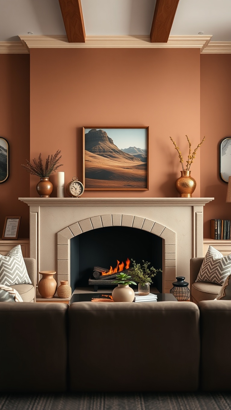 25 Cozy Ideas for Earth Tone Living Rooms That Inspire Warmth and Serenity - 7. Create a Focal Point with a Terracotta Fireplace