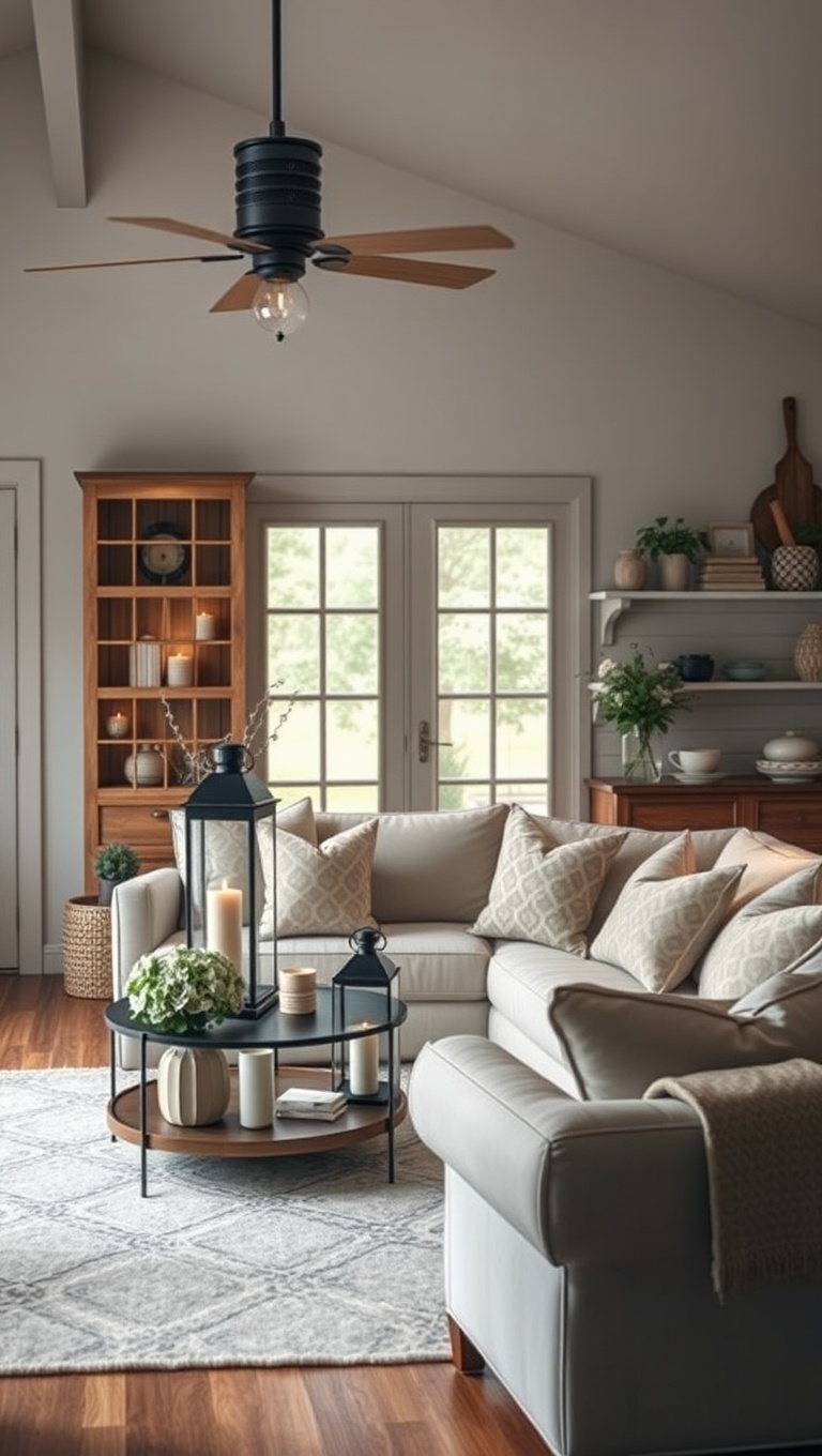 25 Charming Ideas for Your Dream Farmhouse Living Room - 11. Use Soft Lighting with Lanterns