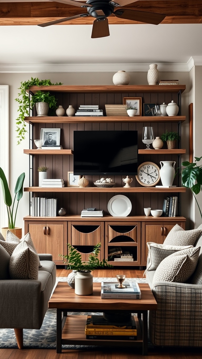 25 Charming Ideas for Your Dream Farmhouse Living Room - 16. Use Open Shelving for Decor Display