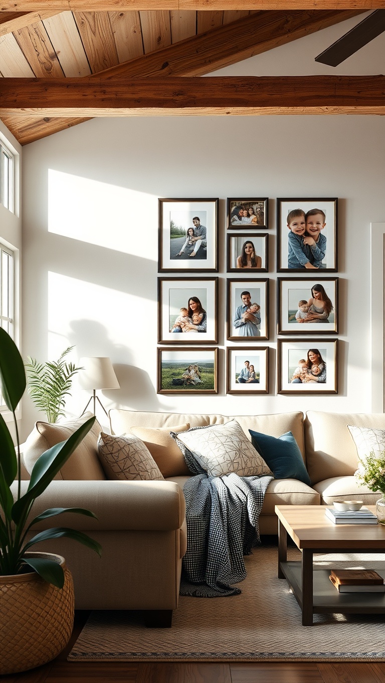 25 Charming Ideas for Your Dream Farmhouse Living Room - 8. Create a Gallery Wall of Family Photos