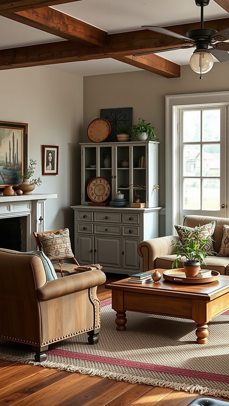 25 Charming Ideas for Your Dream Farmhouse Living Room - 3. Add Vintage Furniture Finds