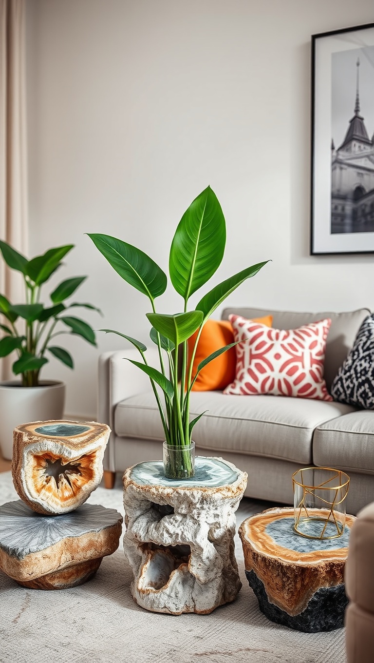 25 Stunning Geode Furniture Ideas to Transform Your Living Room - 19. Playful Geode Plant Stands