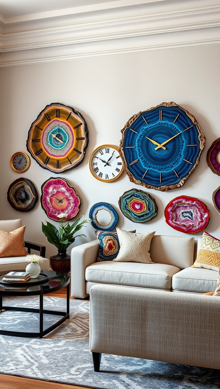 25 Stunning Geode Furniture Ideas to Transform Your Living Room - 12. Colorful Geode Wall Clocks