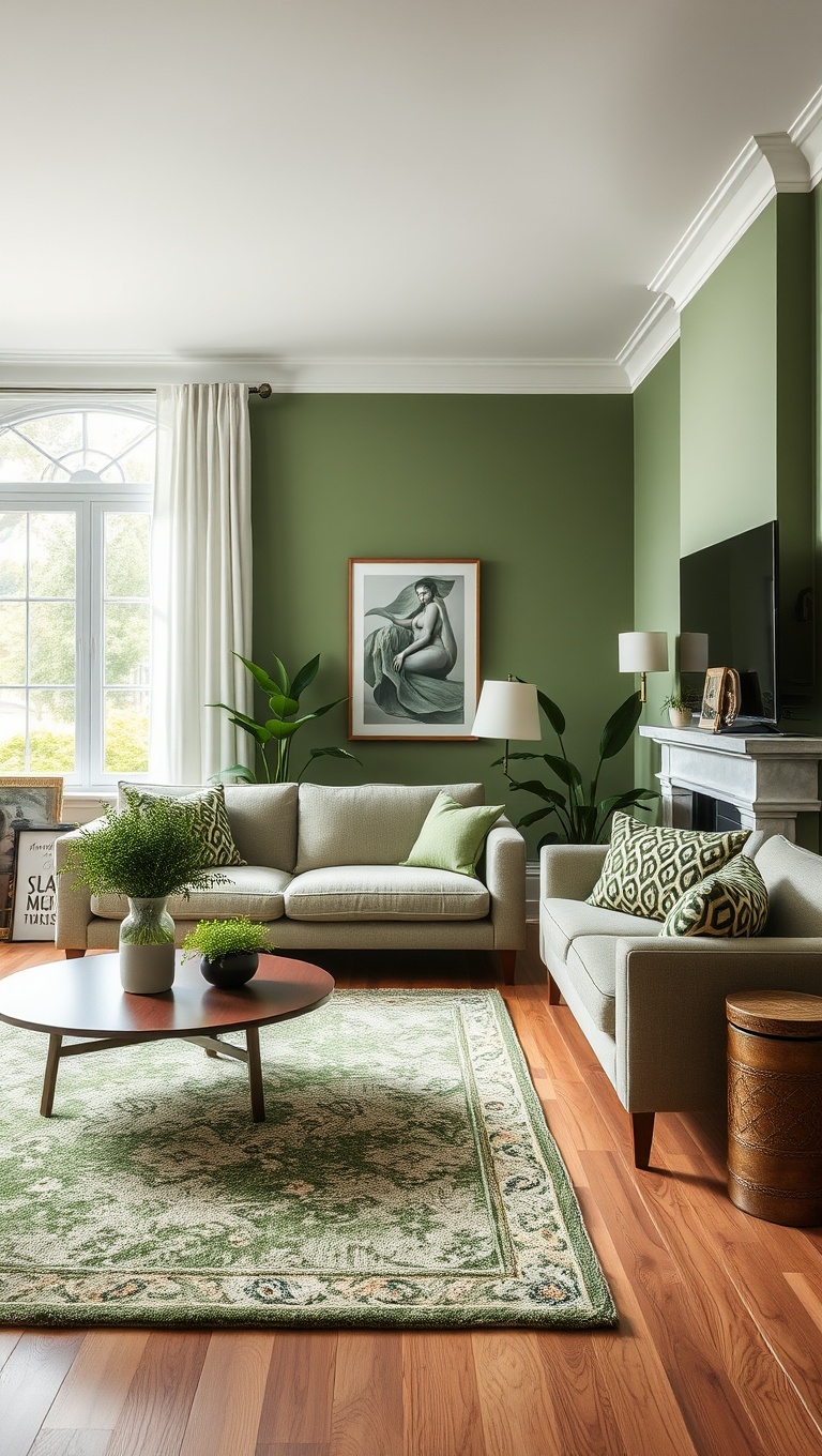 25 Vibrant Ideas for Creating Your Dream Green Living Room - Opt for Green Rugs: Add Comfort with Eco-Friendly Floor Coverings