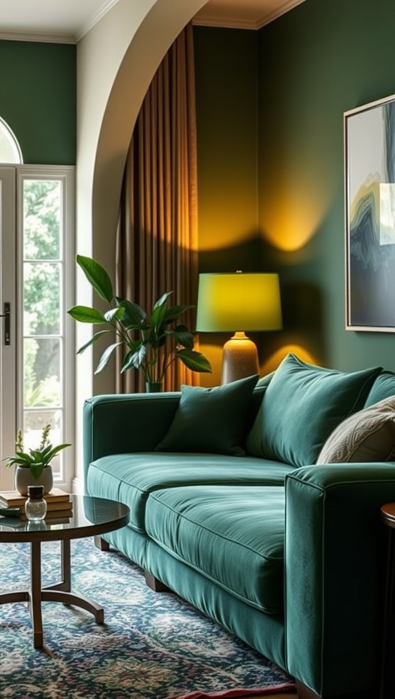 25 Vibrant Ideas for Creating Your Dream Green Living Room - Use Green Lighting: Choose Lampshades in Nature-Inspired Colors