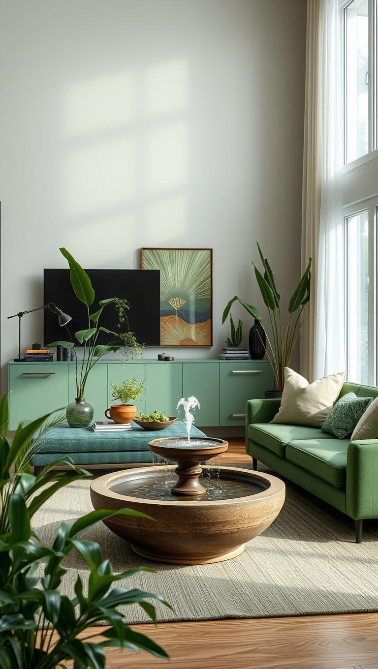 25 Vibrant Ideas for Creating Your Dream Green Living Room - Incorporate a Water Feature: A Small Fountain for Tranquility
