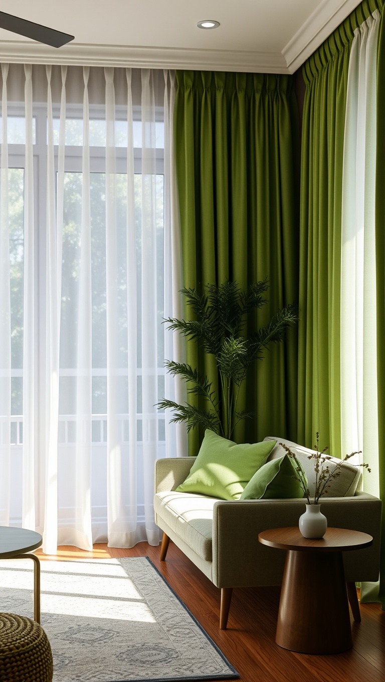 25 Vibrant Ideas for Creating Your Dream Green Living Room - Hang Green Curtains: Light Fabrics to Flow with the Breeze