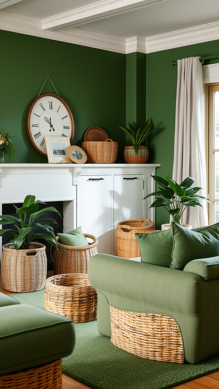 25 Vibrant Ideas for Creating Your Dream Green Living Room - Utilize Baskets: Add Storage and Texture with Woven Baskets
