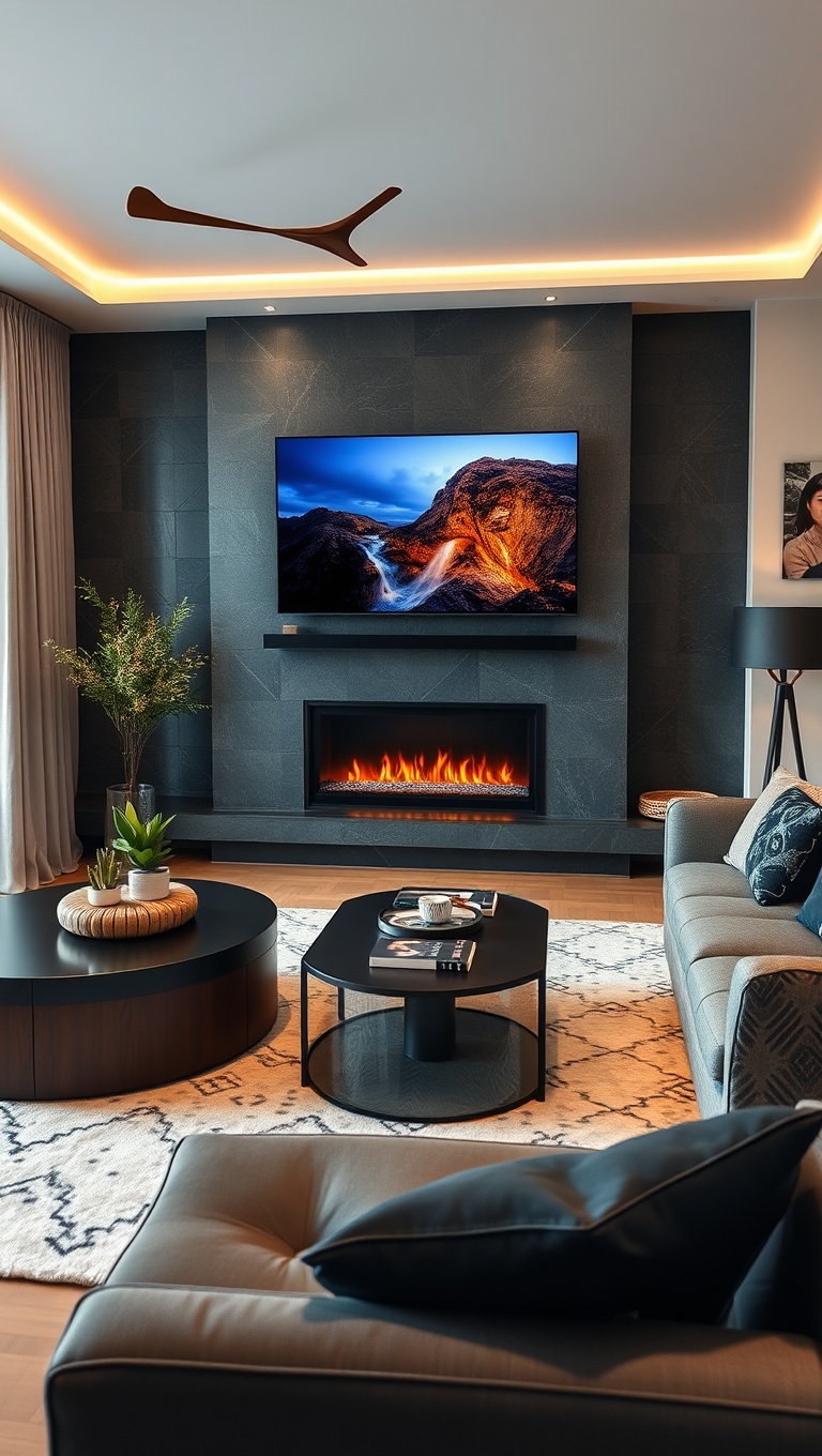 25 High-Tech Living Room Ideas to Elevate Your Space - Incorporate a Smart Fireplace