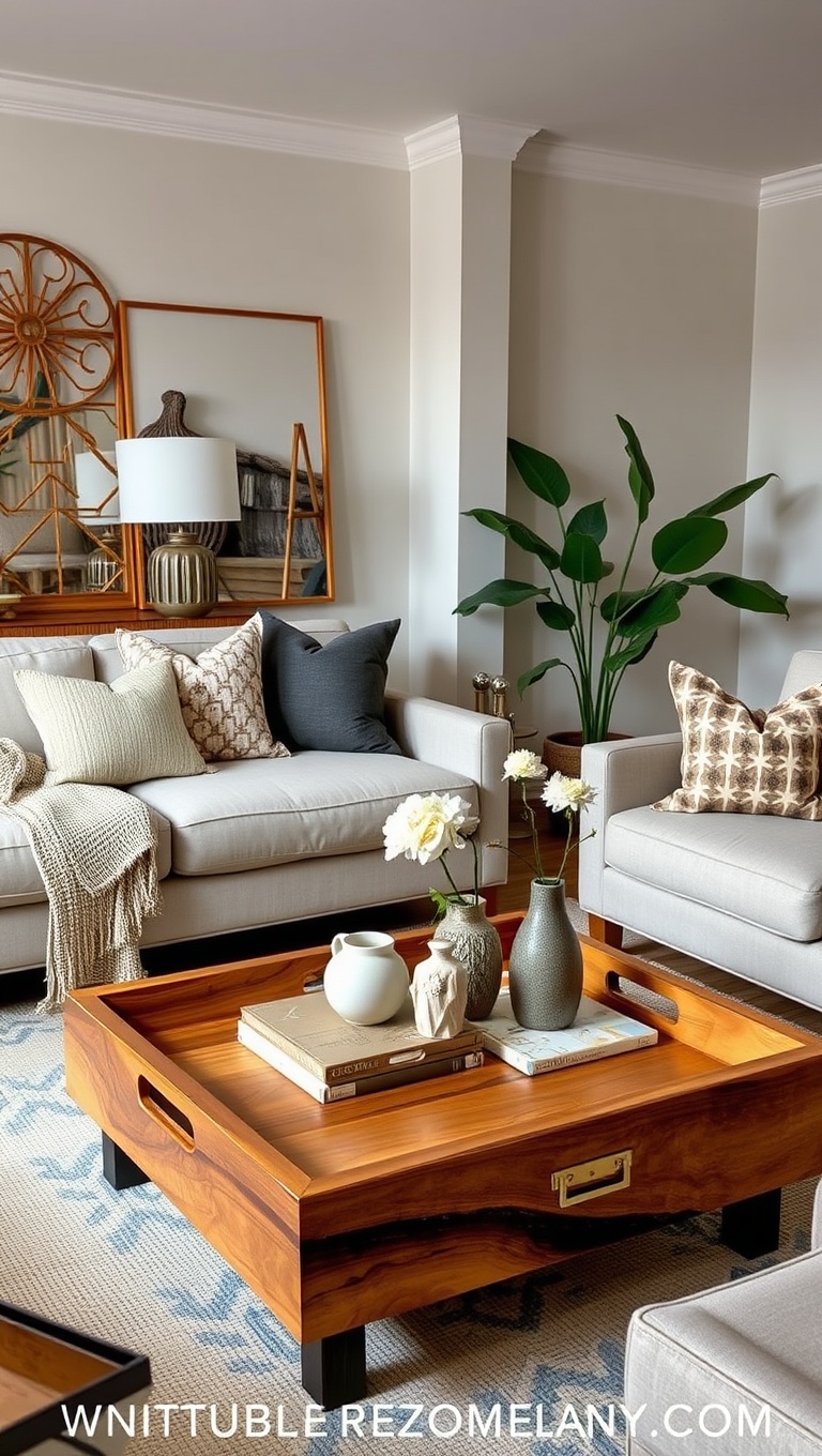 25 Stunning Ideas for Living Edge Furniture in Your Living Room - 16. Use Natural Wood Trays for a Chic Coffee Table