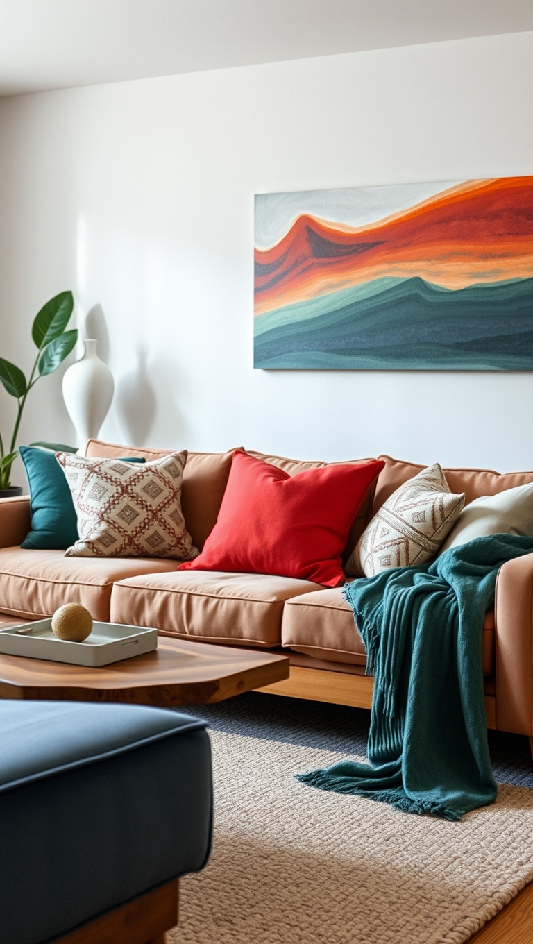 25 Stunning Ideas for Living Edge Furniture in Your Living Room - 21. Add Color with Cushions and Throws on Live Edge