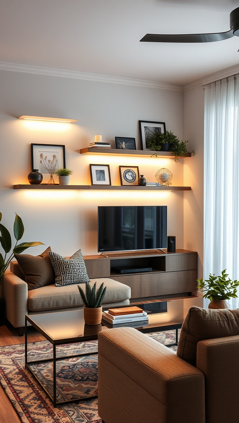 25 Bright Ideas to Illuminate Your Living Room - Use Lighted Shelves to Showcase Decor
