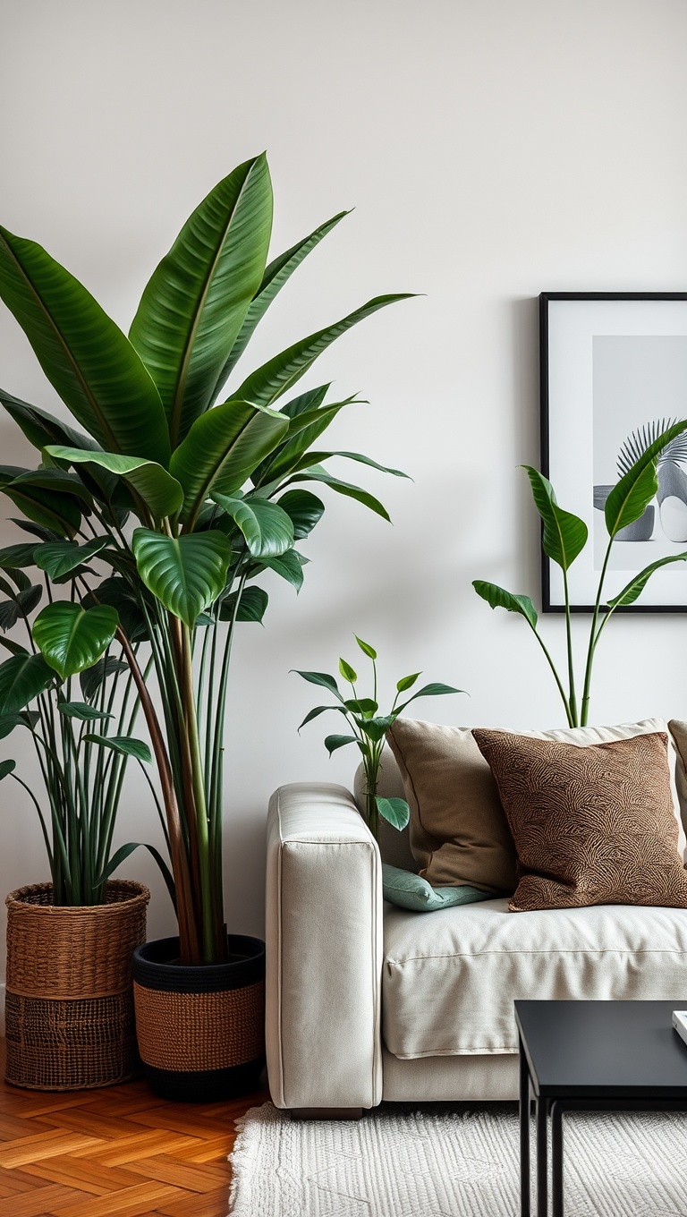25 Lush Living Room Ideas to Bring the Outdoors In! - 4. Mix Different Plant Heights for Dimension