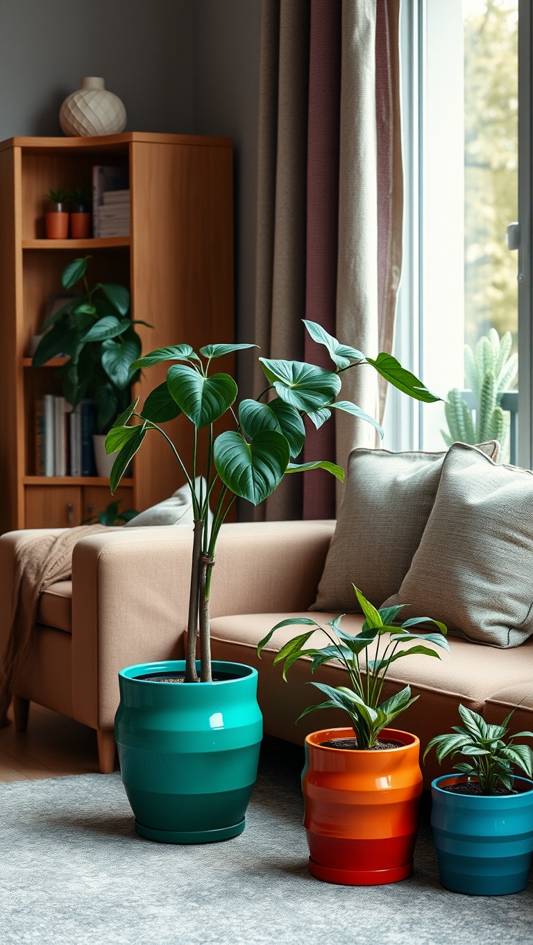 25 Lush Living Room Ideas to Bring the Outdoors In! - 11. Use Colorful Pots to Match Your Decor