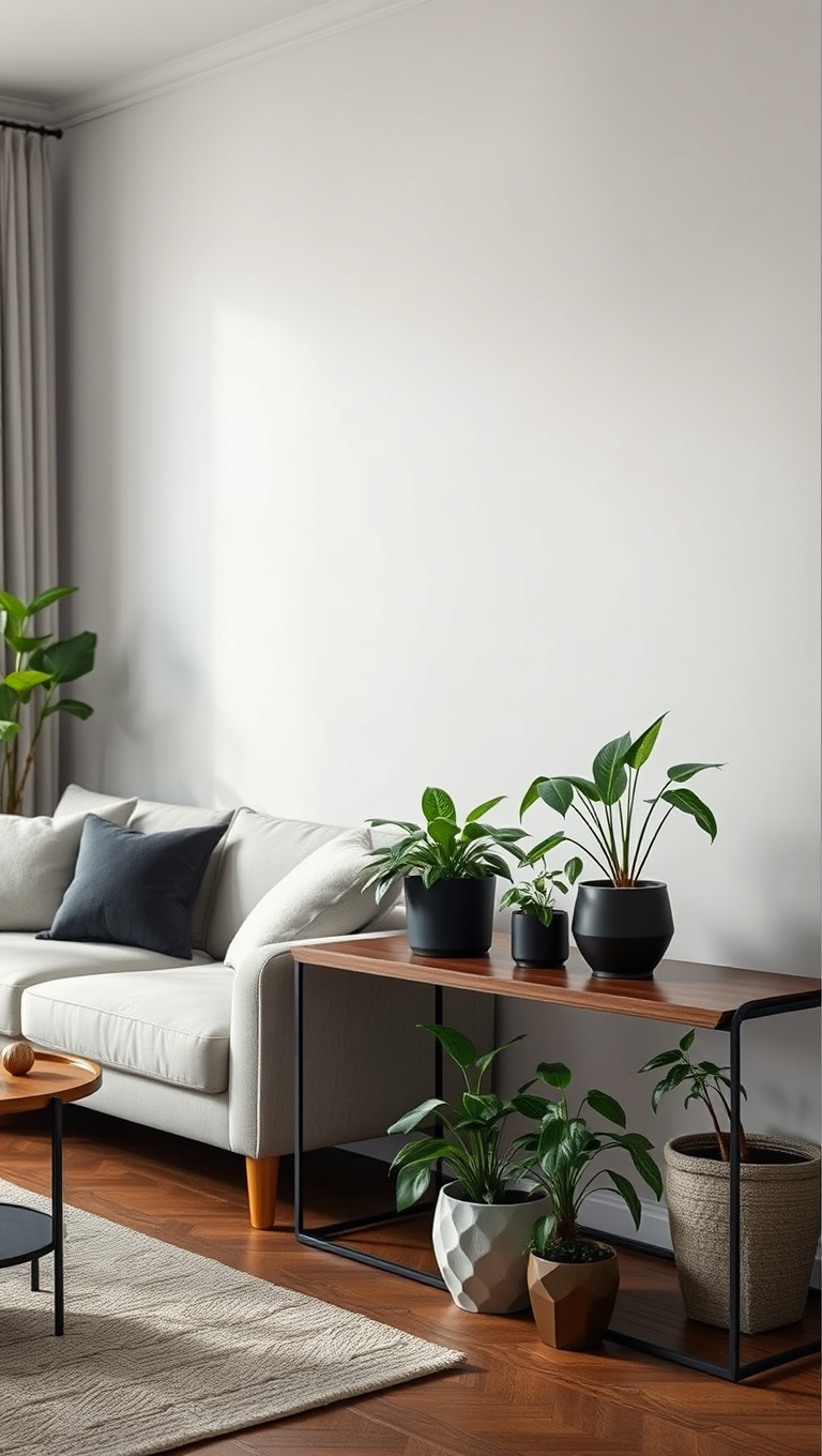 25 Lush Living Room Ideas to Bring the Outdoors In! - 21. Use a Console Table as a Plant Showcase