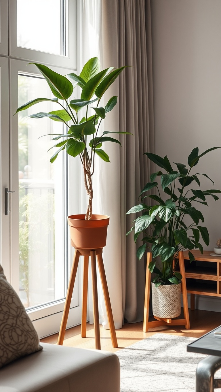 25 Lush Living Room Ideas to Bring the Outdoors In! - 17. Use a Plant Stand for Added Height