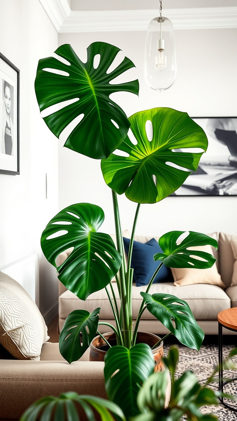 25 Lush Living Room Ideas to Bring the Outdoors In! - 12. Create a Focal Point with a Monstera Deliciosa