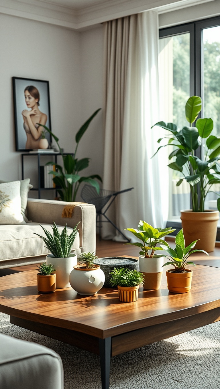 25 Lush Living Room Ideas to Bring the Outdoors In! - 14. Add Green to Your Coffee Table with Small Plants