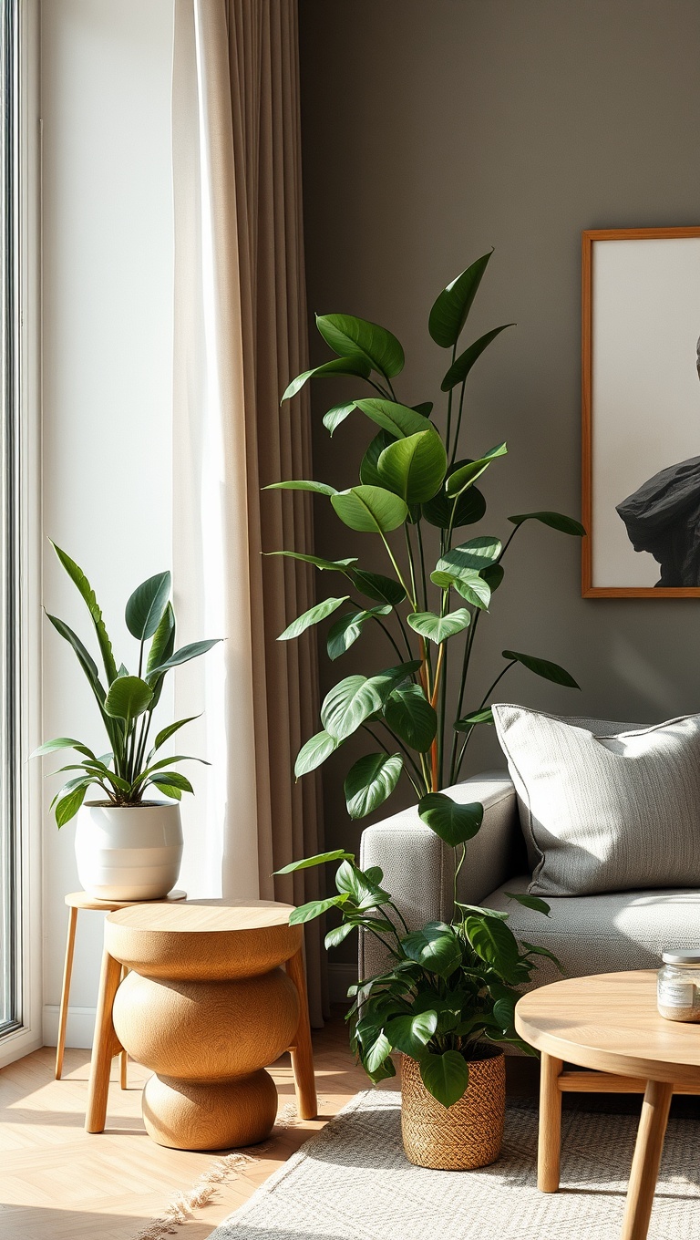 25 Lush Living Room Ideas to Bring the Outdoors In! - 24. Use Natural Wood Elements to Complement Plants