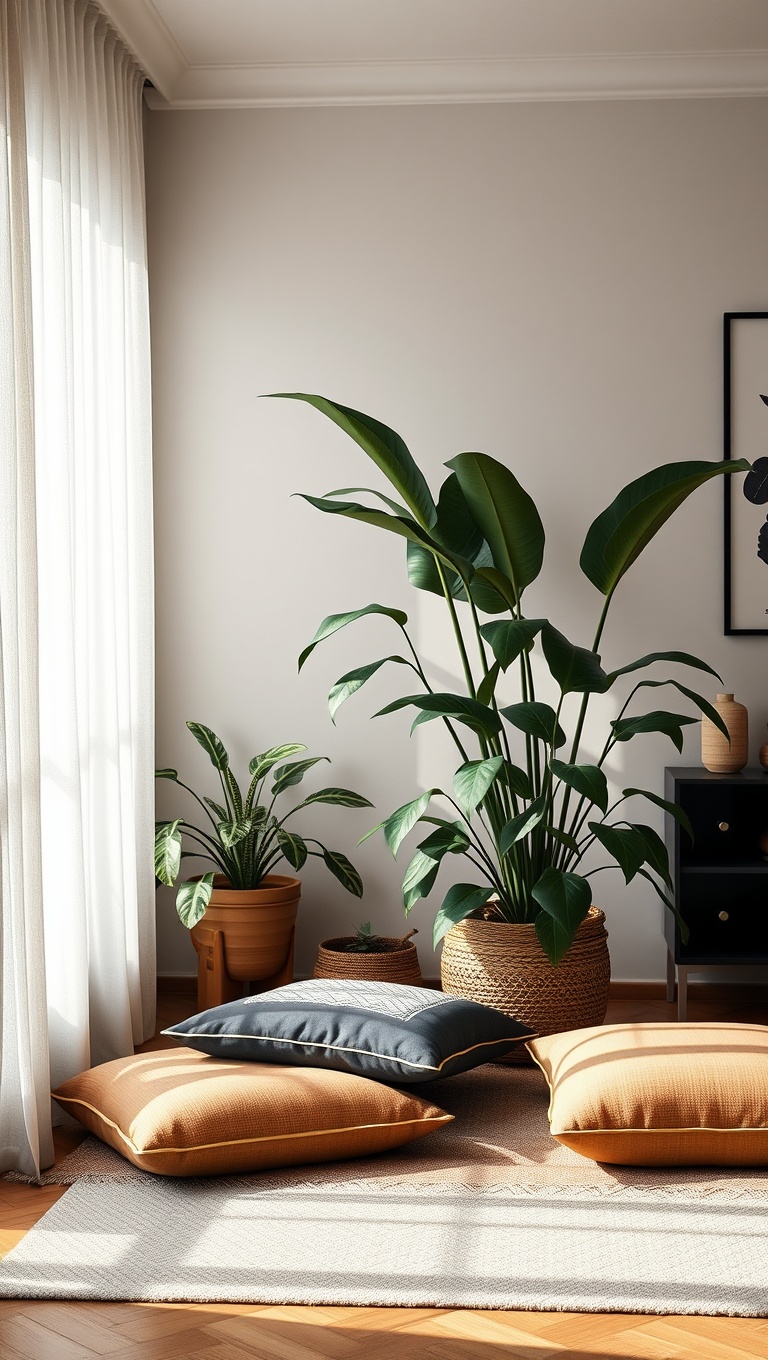 25 Lush Living Room Ideas to Bring the Outdoors In! - 25. Design a Cozy Plant Corner with Floor Cushions