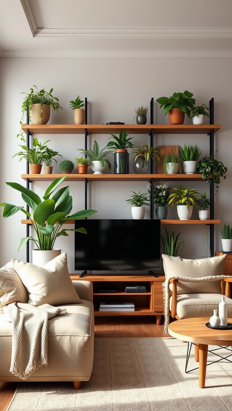25 Lush Living Room Ideas to Bring the Outdoors In! - 13. Use Shelves to Create a Plant Display Wall