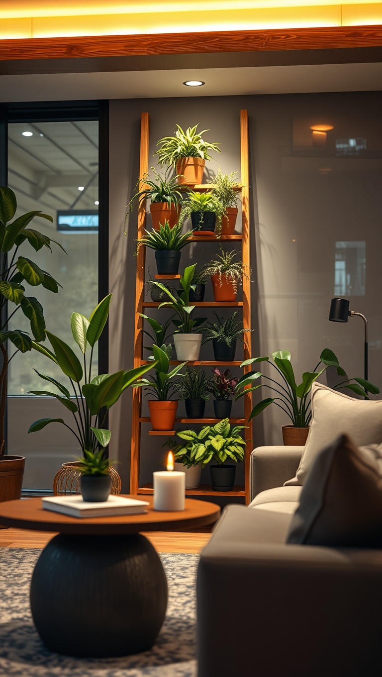 25 Lush Living Room Ideas to Bring the Outdoors In! - 19. Create a Plant Ladder Display