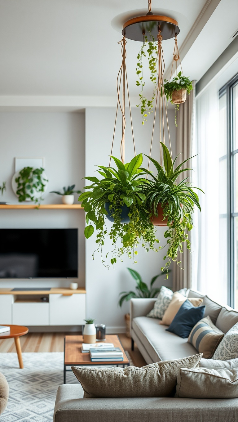 25 Lush Living Room Ideas to Bring the Outdoors In! - 15. Hang Plants From the Ceiling for a Floating Garden