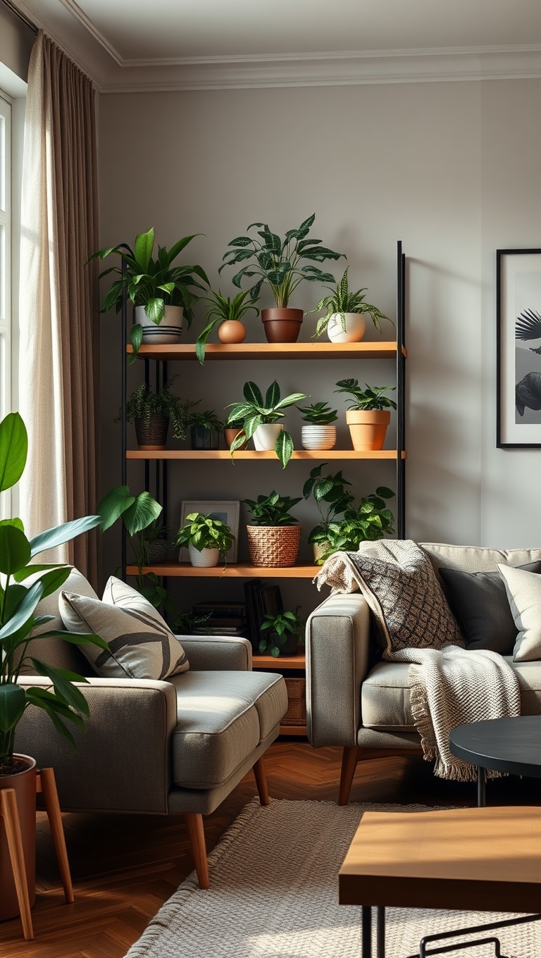 25 Lush Living Room Ideas to Bring the Outdoors In! - 5. Style a Plant Shelfie with Your Favorite Greens