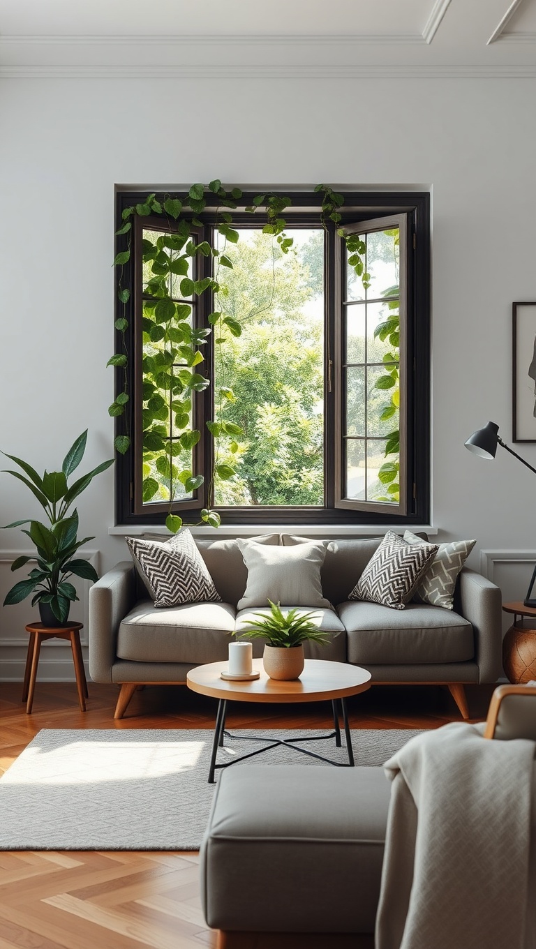 25 Lush Living Room Ideas to Bring the Outdoors In! - 6. Frame Your Window with Climbing Vines
