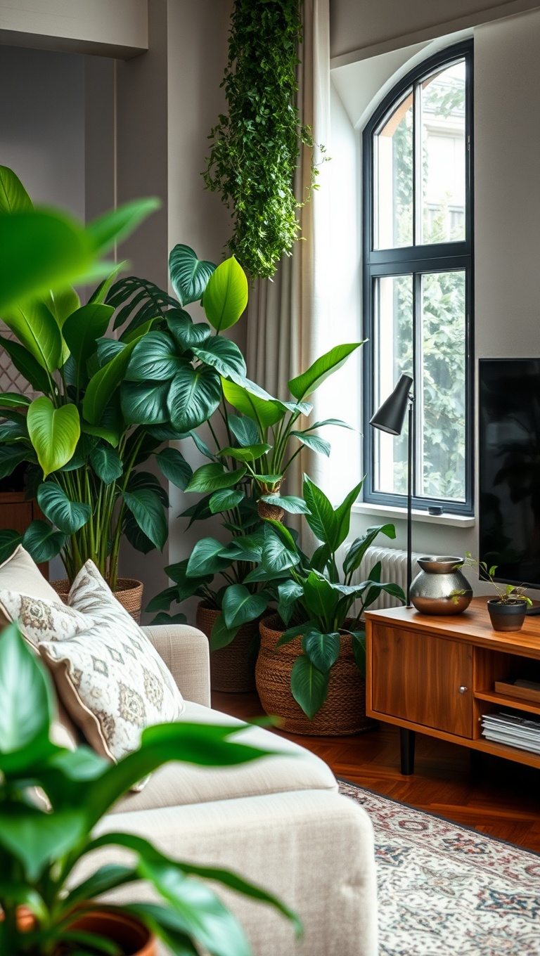 25 Lush Living Room Ideas to Bring the Outdoors In! - 8. Create a Jungle Feel with Layered Plants