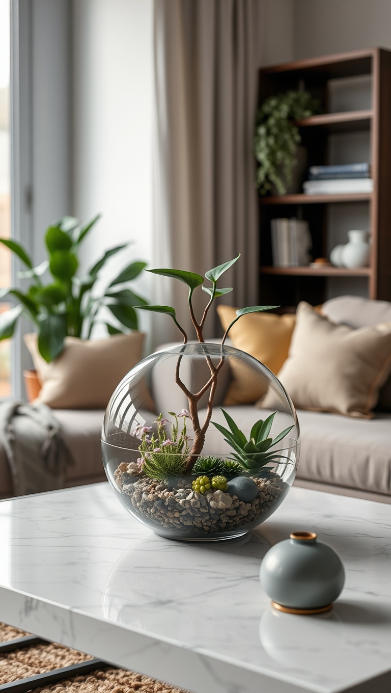 25 Lush Living Room Ideas to Bring the Outdoors In! - 9. Use Terrariums as Unique Table Centerpieces