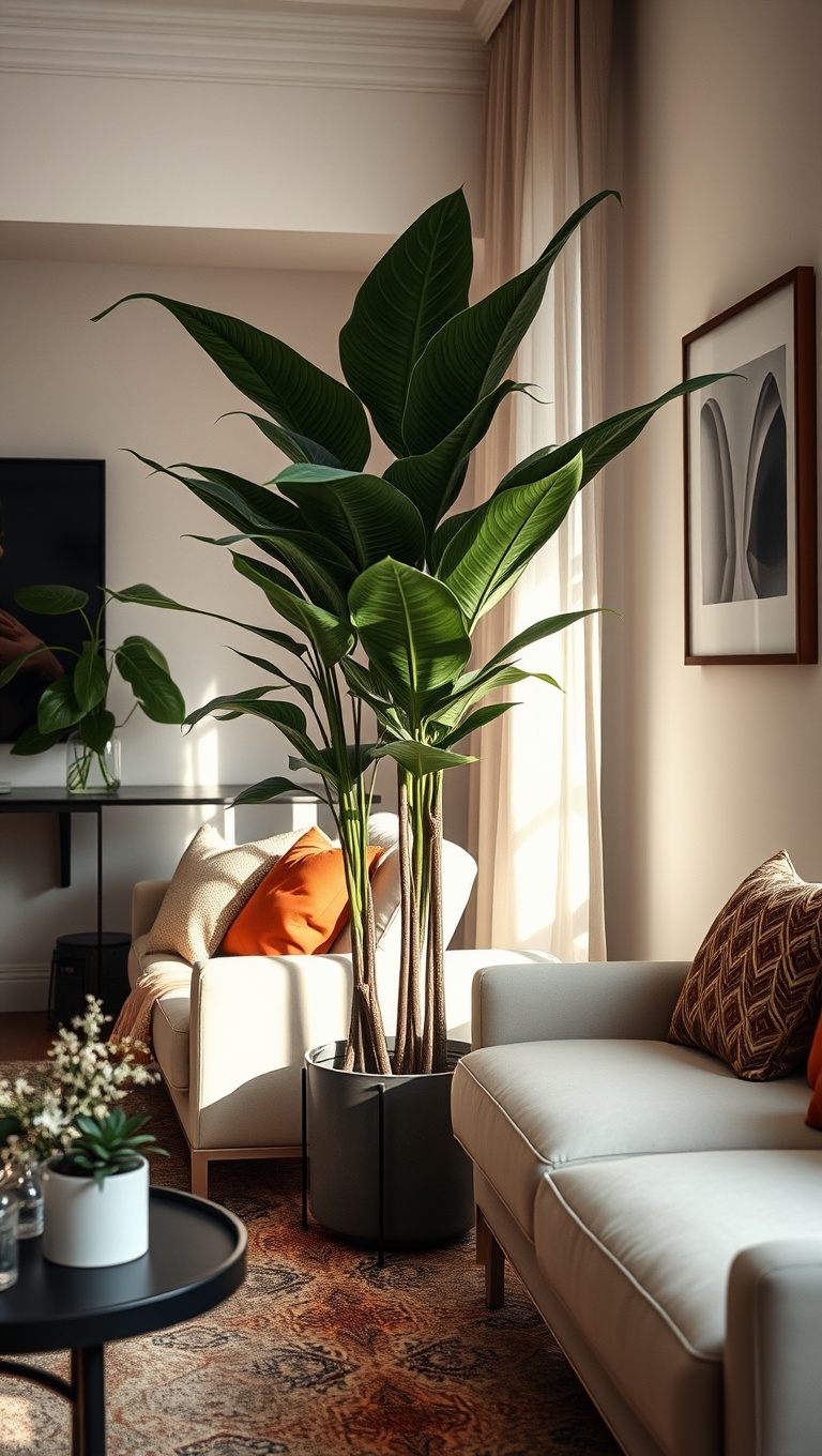25 Lush Living Room Ideas to Bring the Outdoors In! - 3. Use Large Potted Plants for a Statement Piece