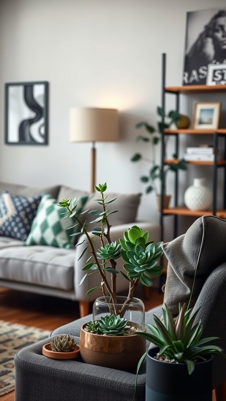 25 Lush Living Room Ideas to Bring the Outdoors In! - 20. Add a Touch of Green with Succulent Arrangements