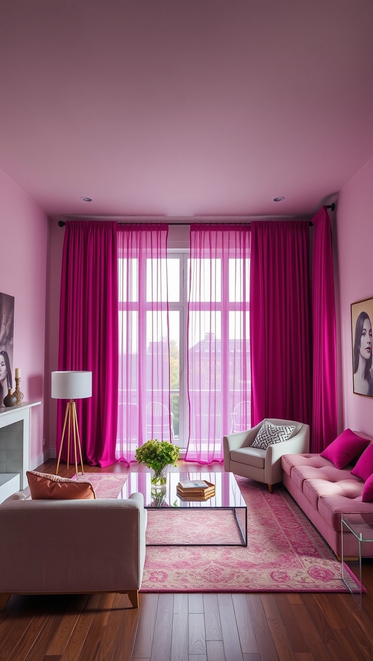 25 Vibrant Ideas for a Magenta Living Room Makeover - 8. Magenta Curtains for Drama