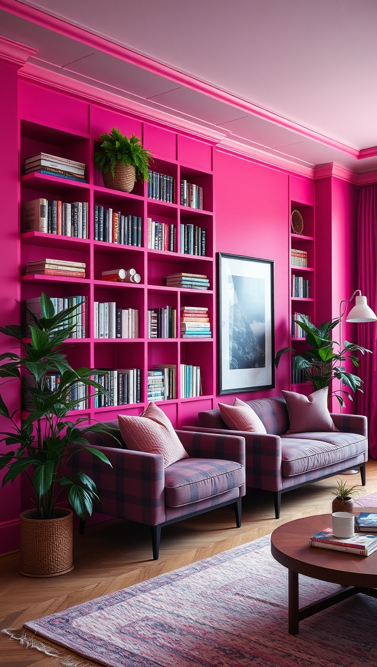 25 Vibrant Ideas for a Magenta Living Room Makeover - 18. Trendy Magenta Bookshelves