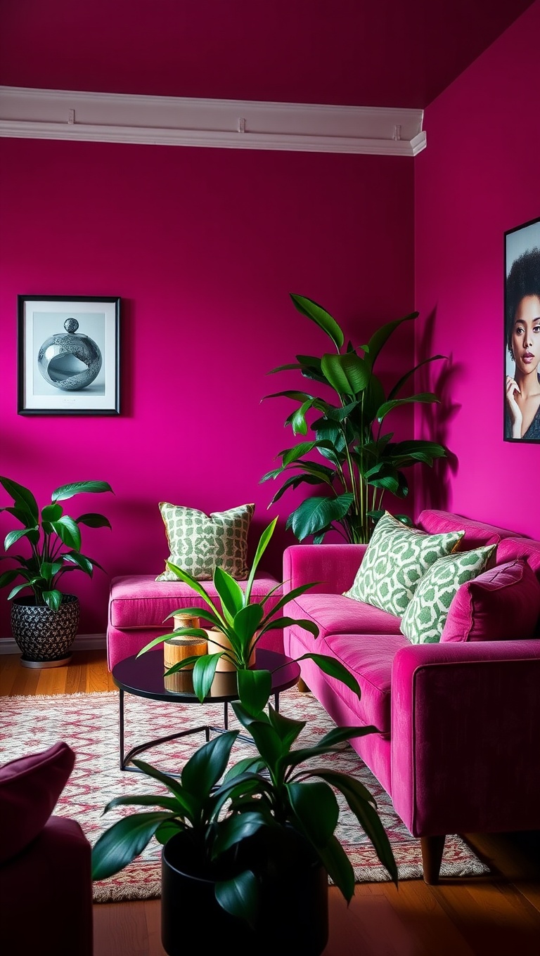 25 Vibrant Ideas for a Magenta Living Room Makeover - 17. Magenta and Green Plant Decor