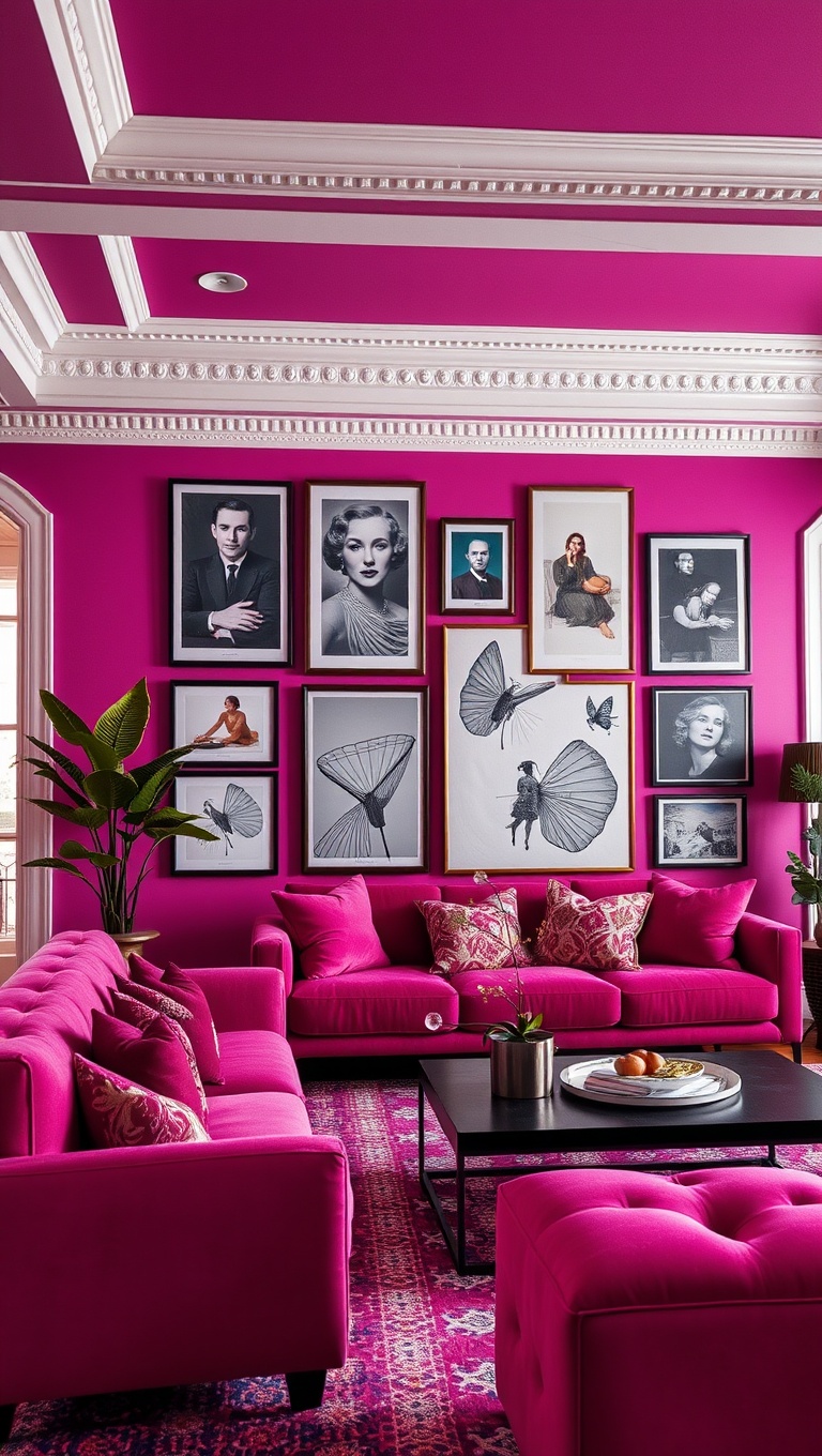 25 Vibrant Ideas for a Magenta Living Room Makeover - 15. Eclectic Magenta Gallery Wall