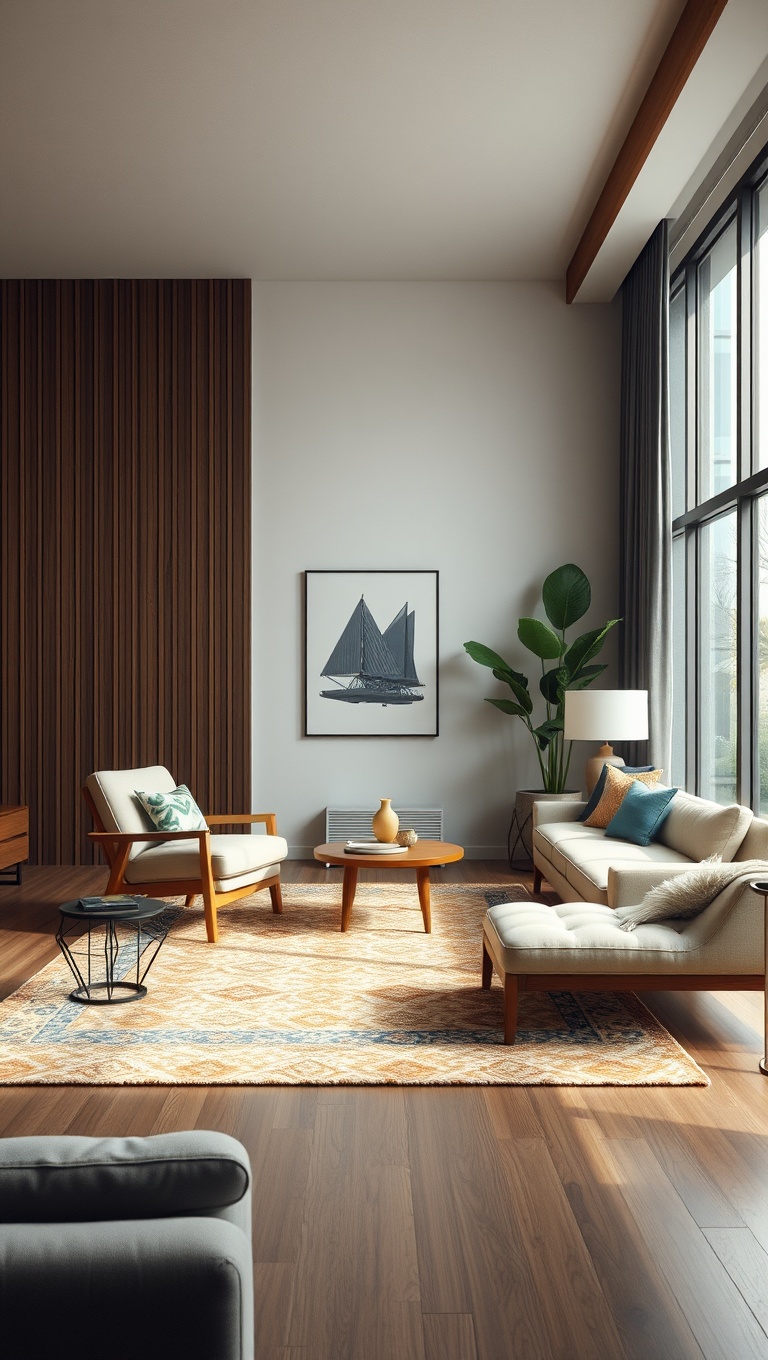25 Gorgeous Ideas for Mid Century Modern Living Rooms - 23. Create Zones with Area Rugs