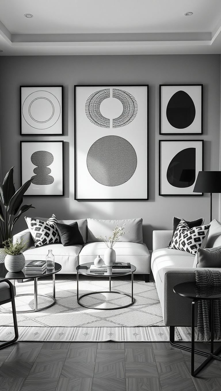25 Chic Ideas for Monochrome Living Rooms That Shine - 16. Chic Geometric Prints