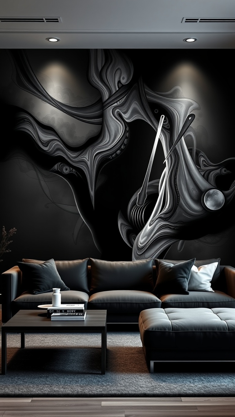 25 Chic Ideas for Monochrome Living Rooms That Shine - 13. Artistic Wall Murals in One Hue